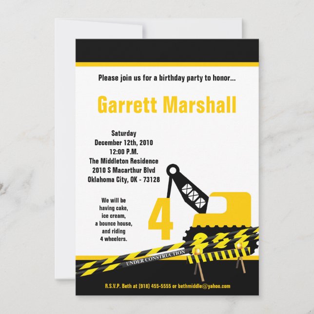 5x7 Construction Dozer Crane Birthday Invitation (Front)