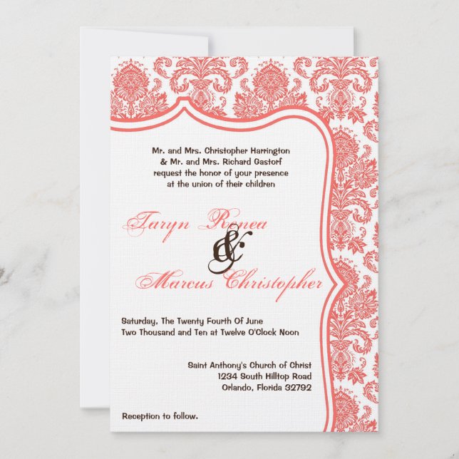 5x7 Coral Orange Damask Lace Wedding Invitation (Front)