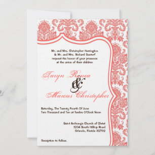 5x7 Coral Orange Damask Lace Wedding Invitation