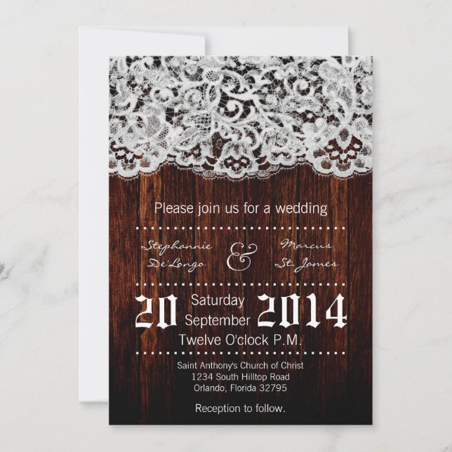 5x7 Country Barn Wood Lace Wedding Invitation (Front)