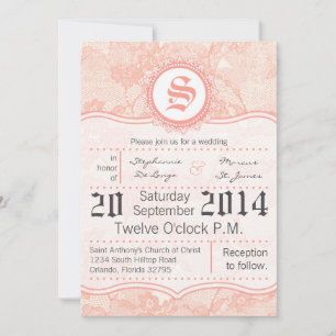 5x7 Country Coral Lace Print Wedding Invitation