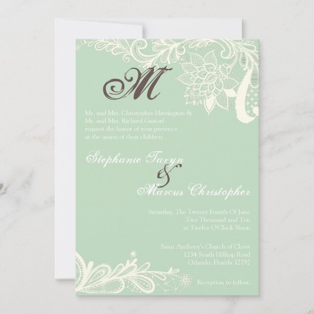 5x7 Country Vintage Lace Mint Wedding Invitation (Front)