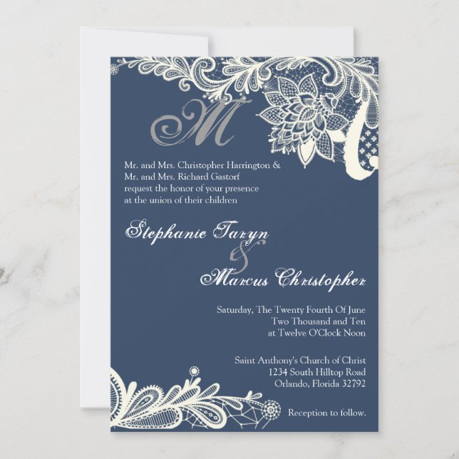 5x7 Country Vintage Lace Navy Wedding Invitation (Front)