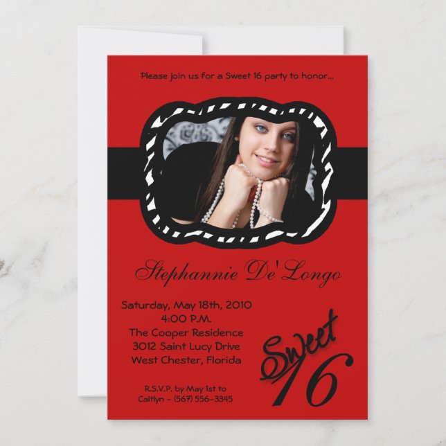 5x7 Crimso Red Band PHOTO Sweet 16 Birthday Invite (Front)