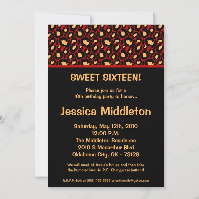 5x7 Crimson Red Cheetah 16th Birthday Invitation (Front)