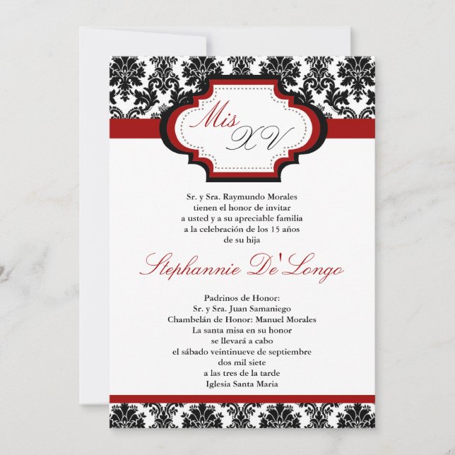 5x7 Crimson Red Damask Quinceanera Invitation (Front)