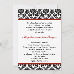 5x7 Crimson Red Damask Quinceanera Invitation