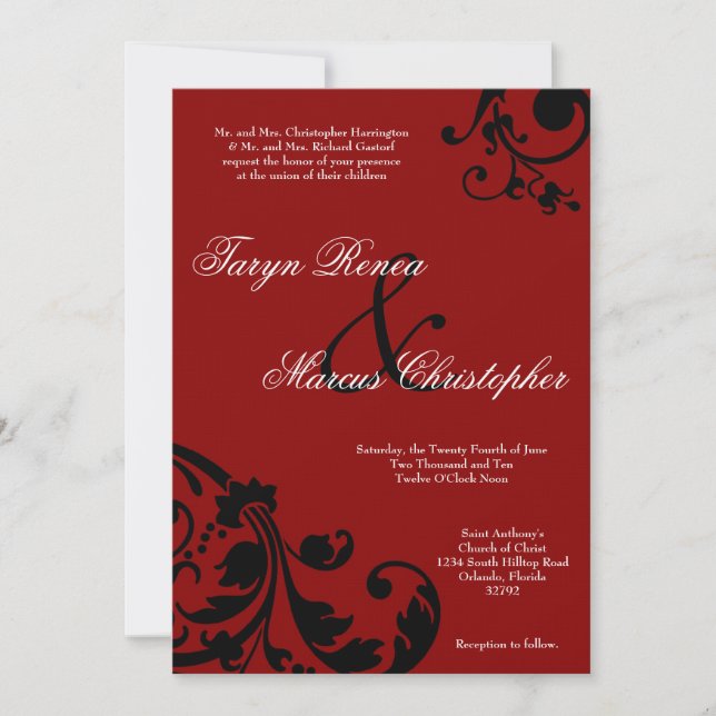 5x7 Crimson Red Floral Linen Wedding Invitation (Front)