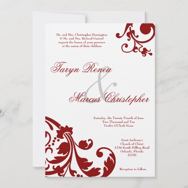 5x7 Crimson Red Floral Linen Wedding Invitation (Front)
