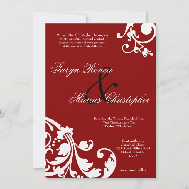 5x7 Crimson Red Floral Linen Wedding Invitation (Front)