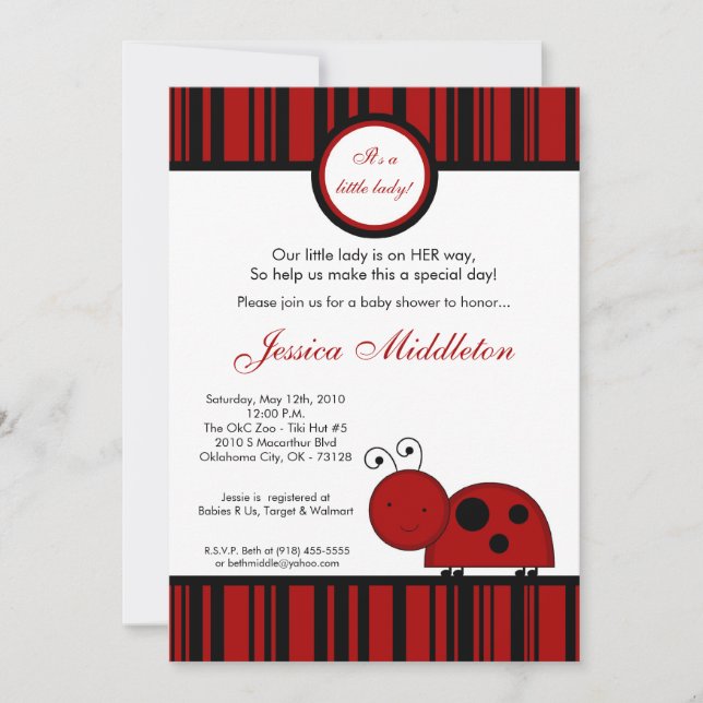 5x7 Crimson Red Lady Bug Baby Shower Invitation (Front)