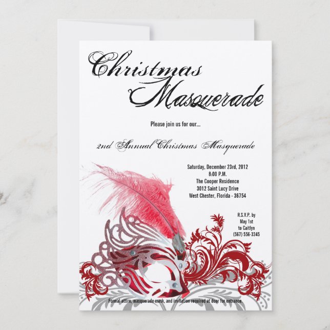 5x7 Crimson Red Masquerade Christmas Invitation (Front)