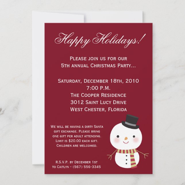 5x7 Crimson Red Snowman Christmas Party Invitation (Front)