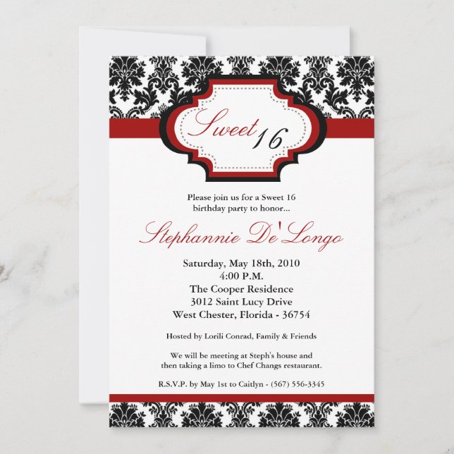 5x7 CrimsonRed Damask Sweet 16 Birthday Invitation (Front)