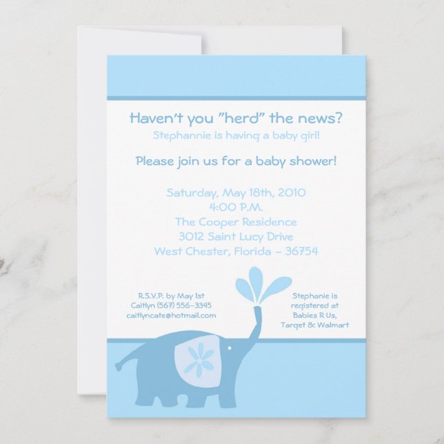 5x7 Cute Blue Elephant Baby Shower Invitation (Front)