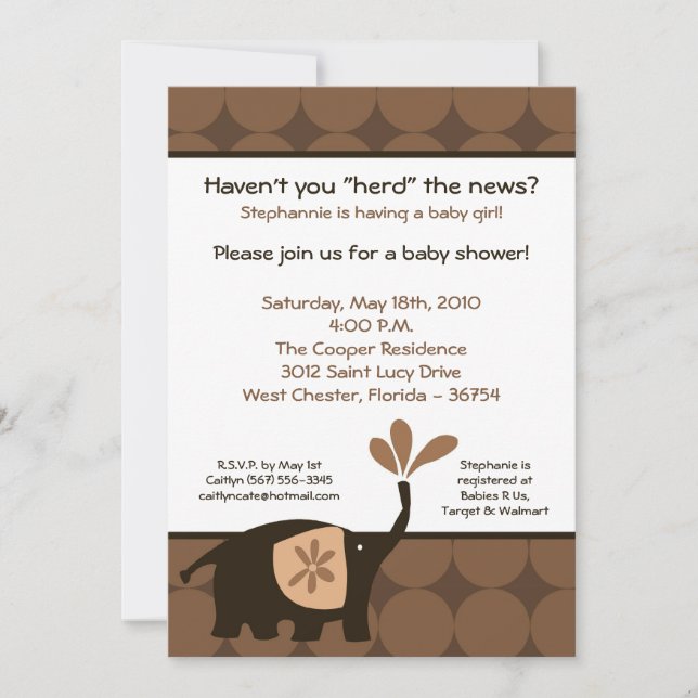 5x7 Cute Brown Elephant Baby Shower Invitation (Front)