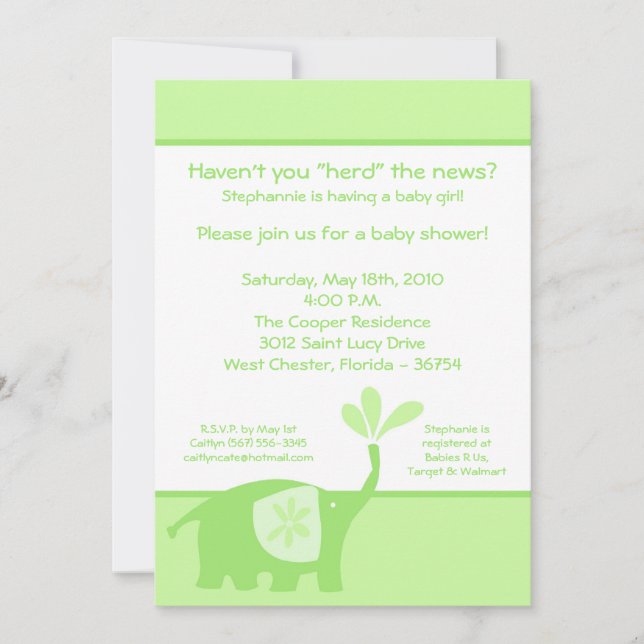 5x7 Cute Green Elephant Baby Shower Invitation (Front)