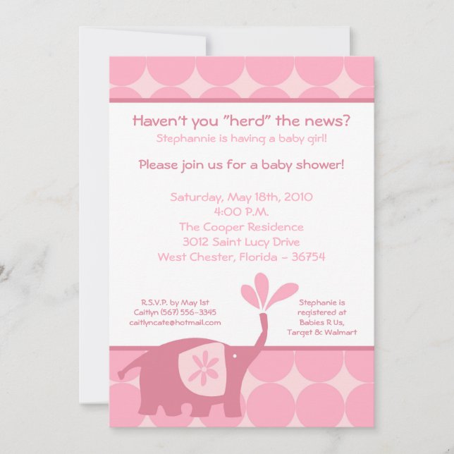 5x7 Cute Pink Elephant Baby Shower Invitation (Front)