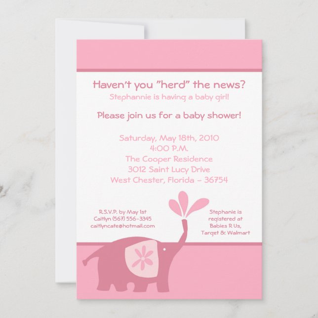 5x7 Cute Pink Elephant Baby Shower Invitation (Front)