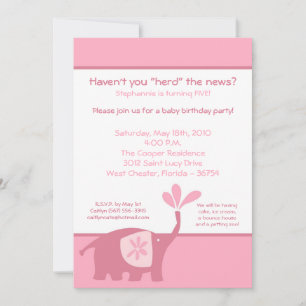 5x7 Cute Pink Elephant Birthday Party Invitation