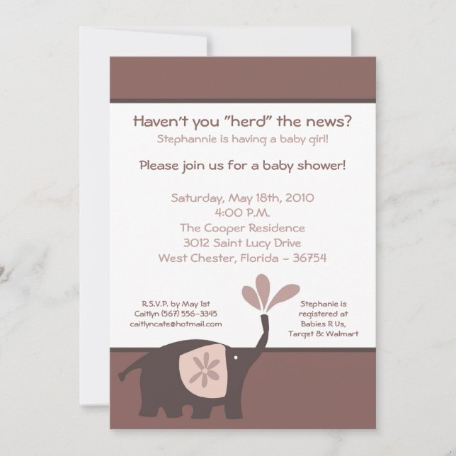 5x7 Cute Purple Elephant Baby Shower Invitation (Front)