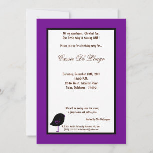 5x7 Dark Purple Bird Birthday Party Invite
