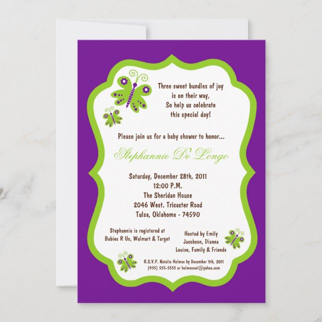 5x7 Dark Purple Butterfly Baby Shower Invitation (Front)