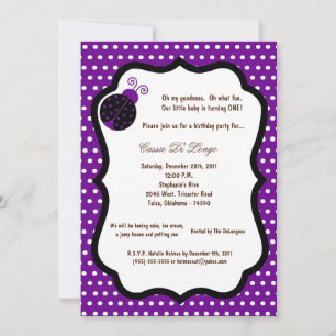 5x7 Dark Purple Lady Bug Birthday Party Invite