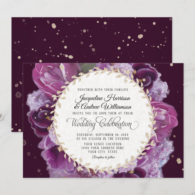 5x7 Deep Lavender Purple Floral Pastel Leaf Wreath Invitation (Front/Back)