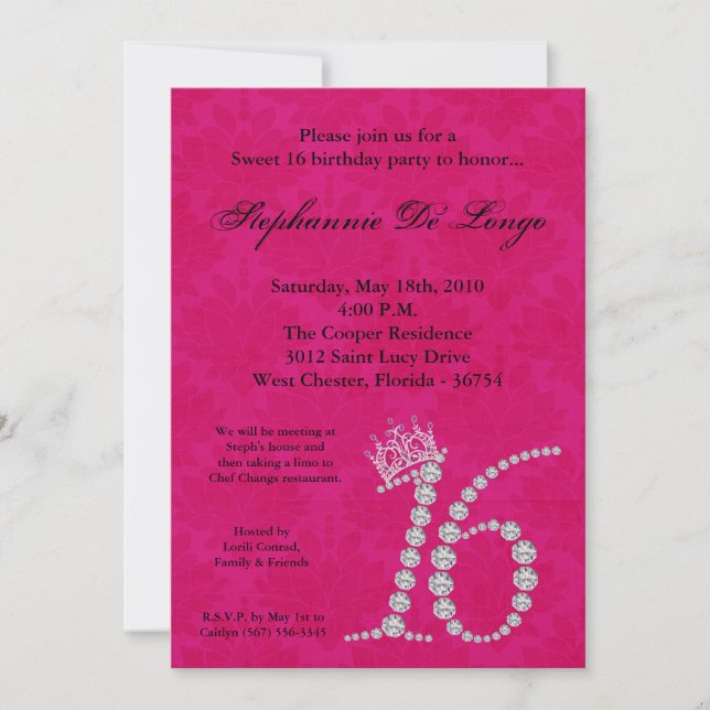 5x7 Diamond PinkTopaz Sweet 16 Birthday Invitation (Front)