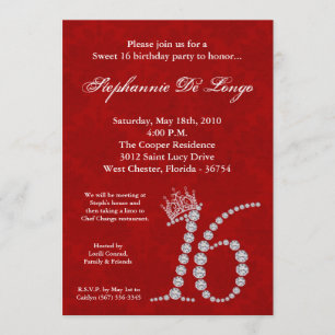 5x7 Diamond Ruby Crow Sweet 16 Birthday Invitation