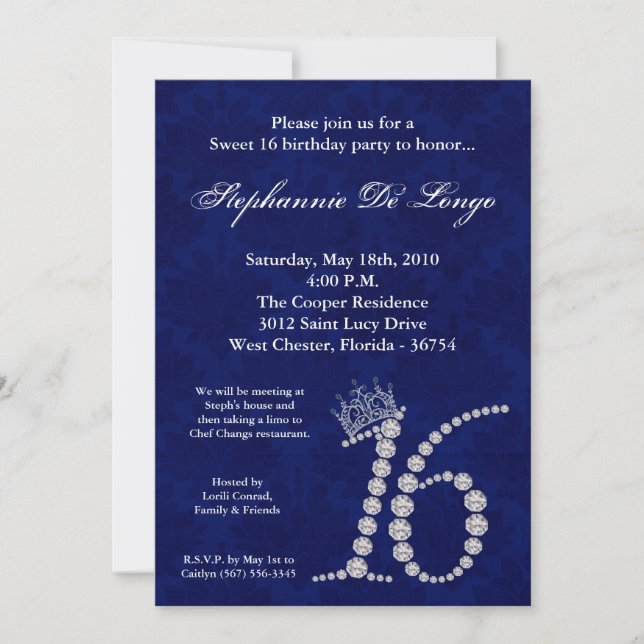 5x7 Diamond Saphire Sweet 16 Birthday Invitation (Front)