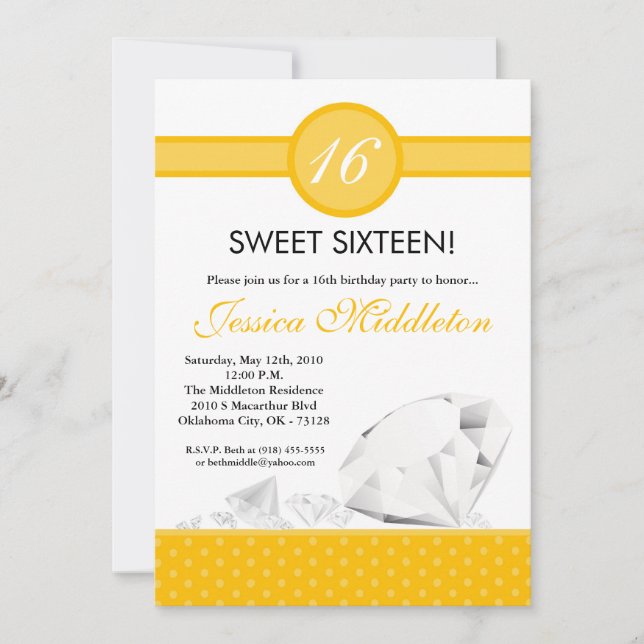 5x7 Diamonds Jewels Sweet 16 Birthday Invitation (Front)