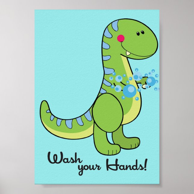 5x7 Dinosaur Wash Your Hands Bathroom Wall Art (Front)