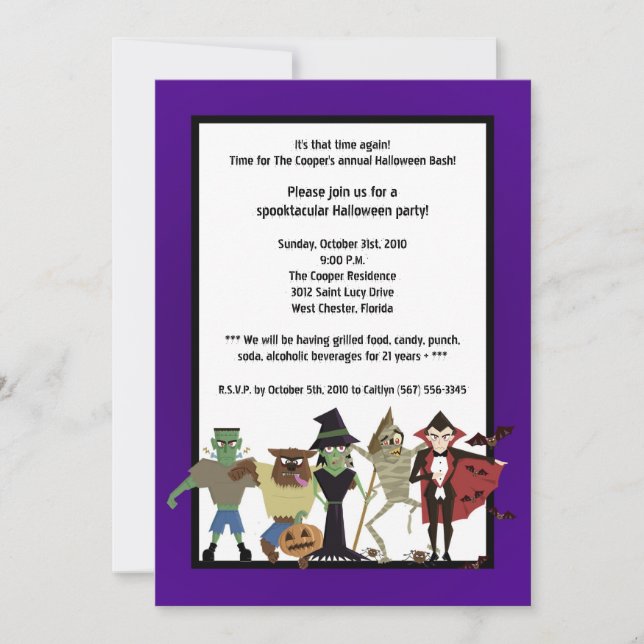5x7 DraculaMonster Halloween Bash Party Invitation (Front)