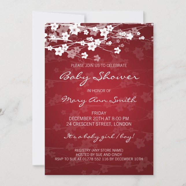 5x7 Elegant Baby Shower Cherry Blossom Red Invitation (Front)