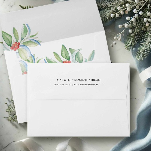 5x7 Envelopes for Christmas Watercolor (Christmas return address envelopes watercolor botanical art by Victoria Grigaliunas Do Tell A Belle)