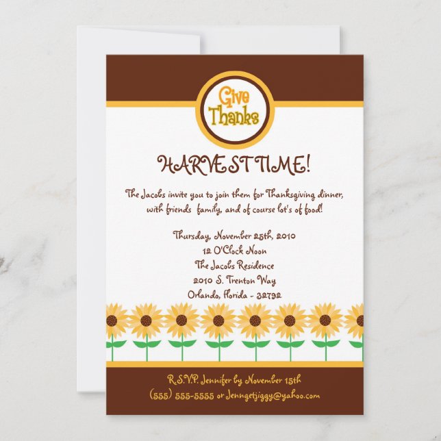 5x7 Fall Autumn Sun Flower Thanksgiving Invitation (Front)