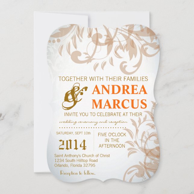 5x7 Fall Filigree Swirl Damask Wedding Invitation (Front)