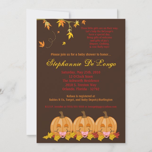 5x7 Fall Leaves TRIPLETGirl Baby Shower Invitation (Front)