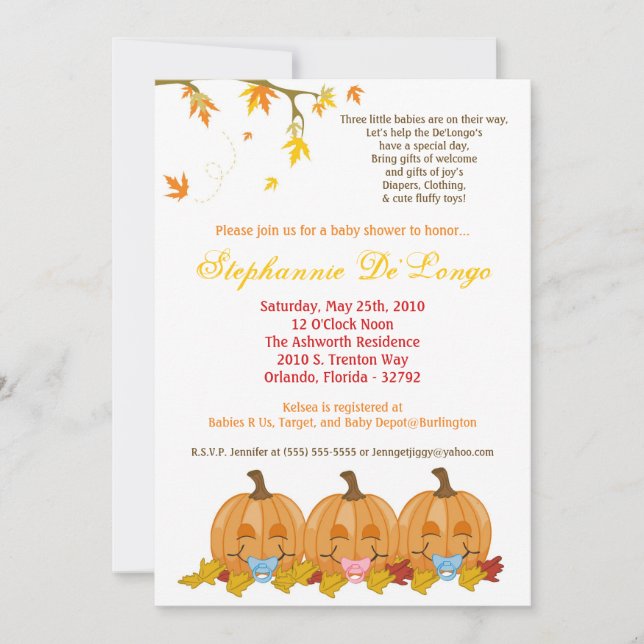 5x7 Fall Leaves TRIPLETS Baby Shower Invitation (Front)