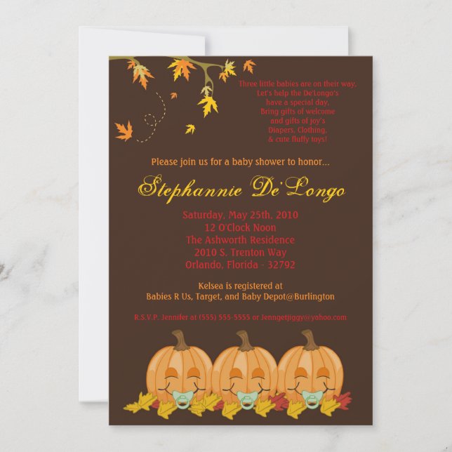 5x7 Fall Leaves TRIPLETS Baby Shower Invitation (Front)