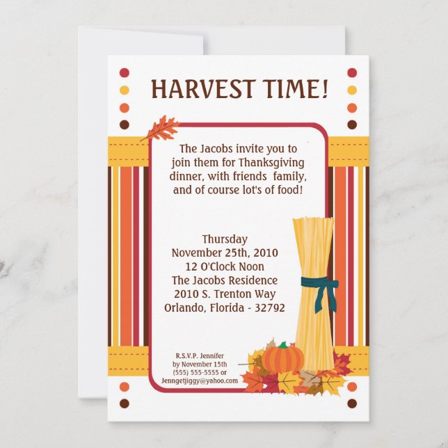 5x7 Fall Leaves Wheat Thanksgiving Invitation (Front)