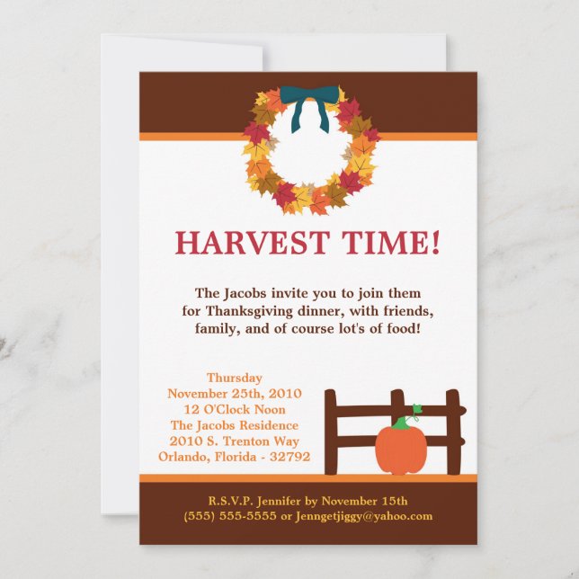 5x7 Fall Leaves Wreath Pum Thanksgiving Invitation (Front)