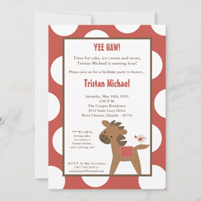 5x7 Farm Animal Horse Birthday Party Invitation (Front)