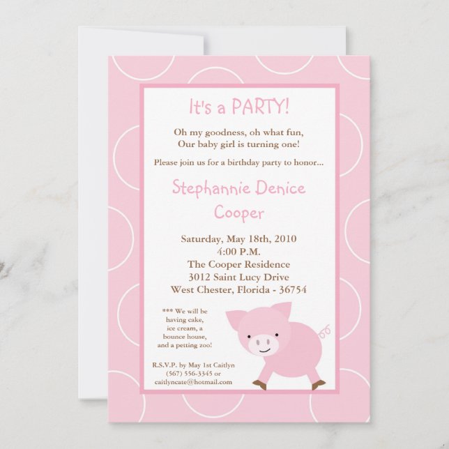 5x7 Farm Animal Pink Pig Birthday Party Invitation (Front)
