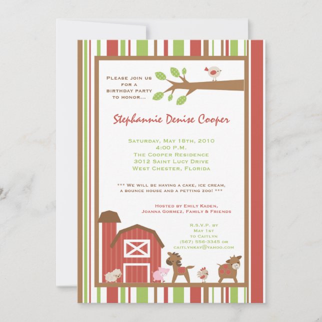 5x7 Farm Red Barn Animal Birthday Party Invitation (Front)