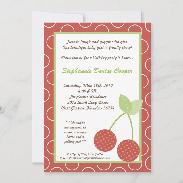 5x7 Farm Red Cherry Fruit Birthday Part Invitation (Front)