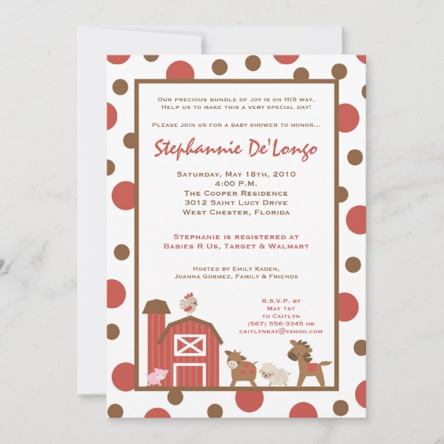 5x7 Farm RedBarn Cow Animal Baby Shower Invitation (Front)