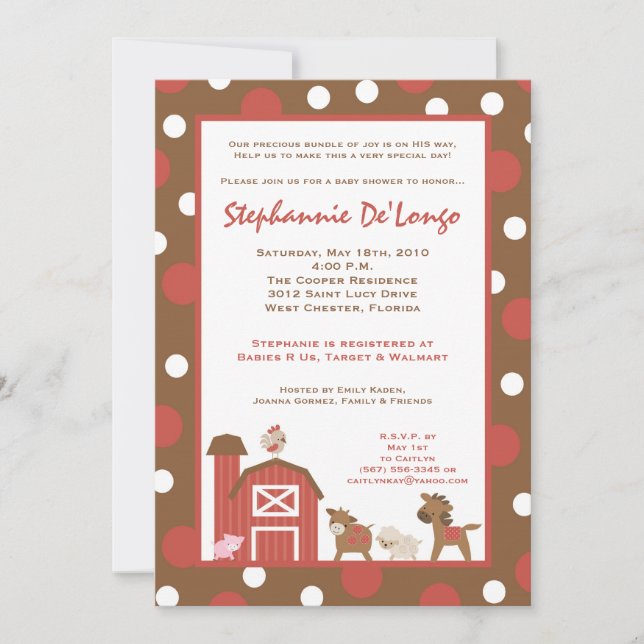 5x7 Farm RedBarn Cow Animal Baby Shower Invitation (Front)